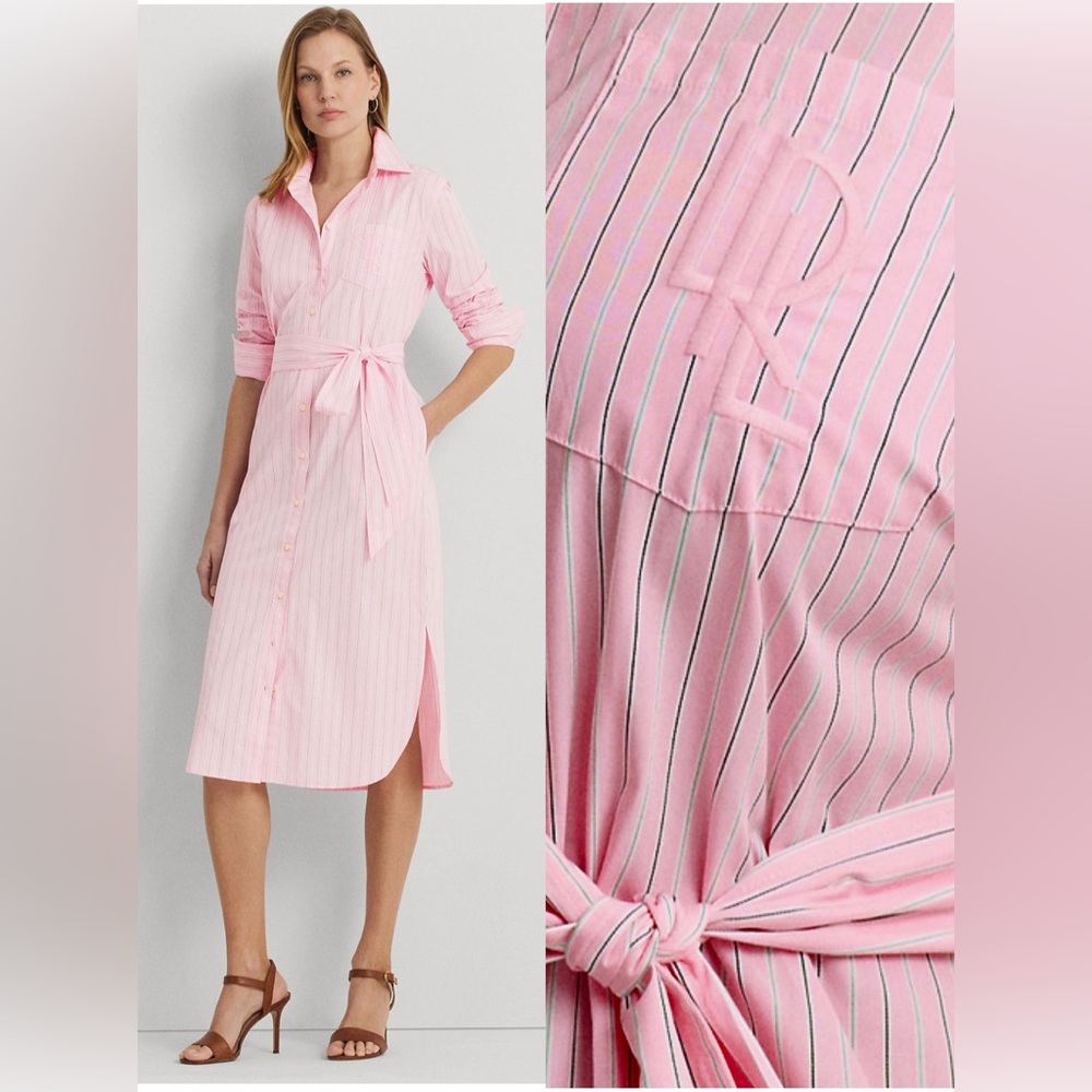 Lauren Ralph Lauren Pink Striped Belted Shirt Dress
